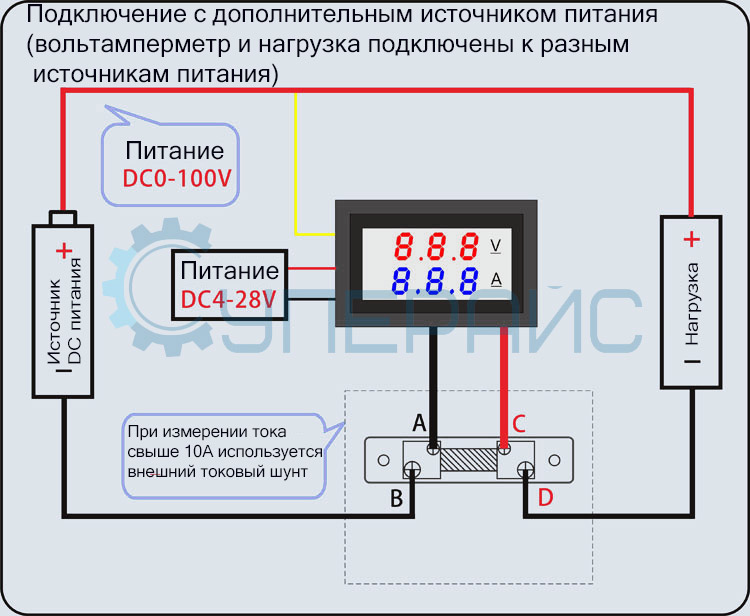 Схема подключения китайского вольтамперметра с встроенным шунтом к блоку питания