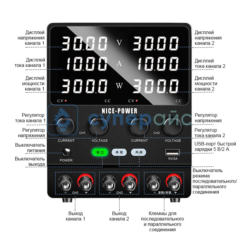 Двухканальный лабораторный блок питания Nice-Power SPS3010-2KD фото 7