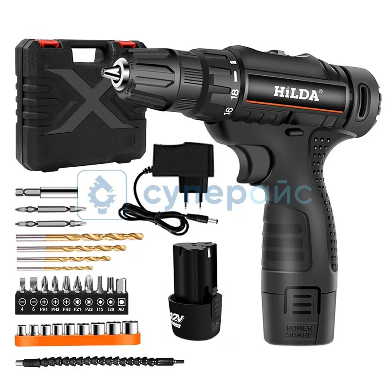 Шуроповерт HiLDA с двумя аккумуляторами и аксессуарами фото 1