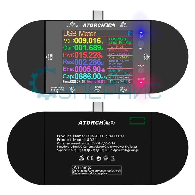USB тестер Juwei Atorch UD24 с комплектом USB проводов питания типа крокодил фото 5