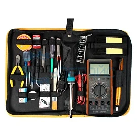 Набор инструментов для пайки (паяльник, мультиметр, расходники и ручной инструмент) фото