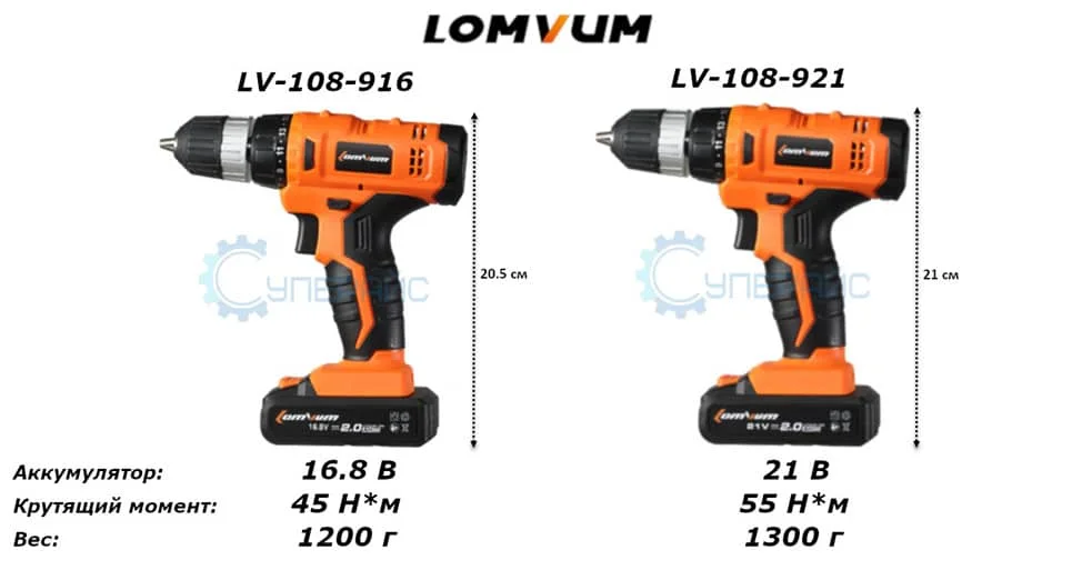 шуруповерты Lomvum с двумя аккумуляторами купить