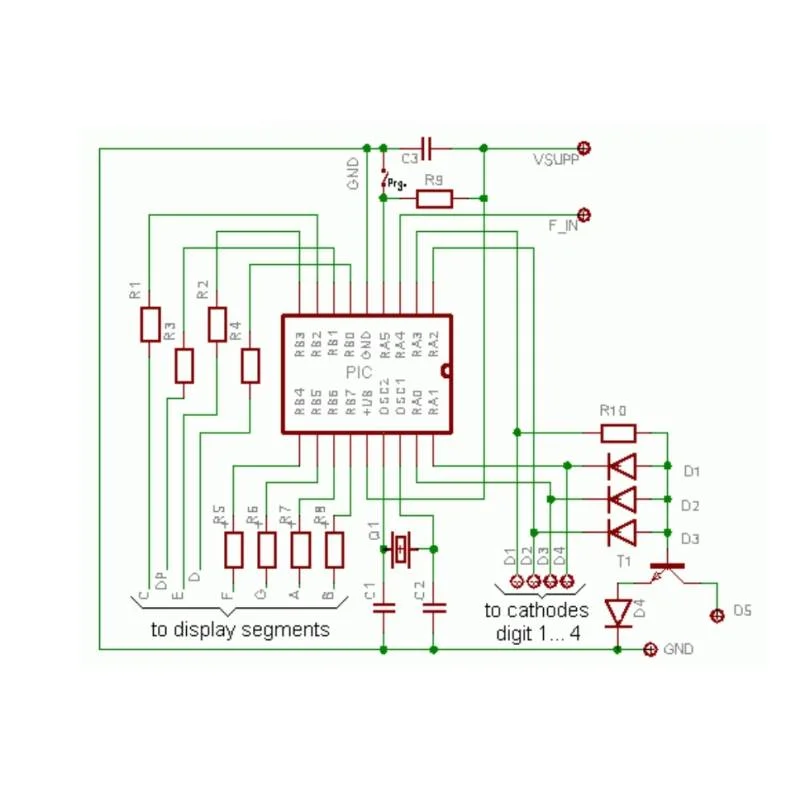 принципиальная схема частотомера на PIC16F628А 1гц 50мгц