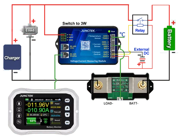 Схема подключения измерительной головки Juntek с силовым реле Подключение измерительной головки Juntek в цепь с помощью силового реле | Суперайс