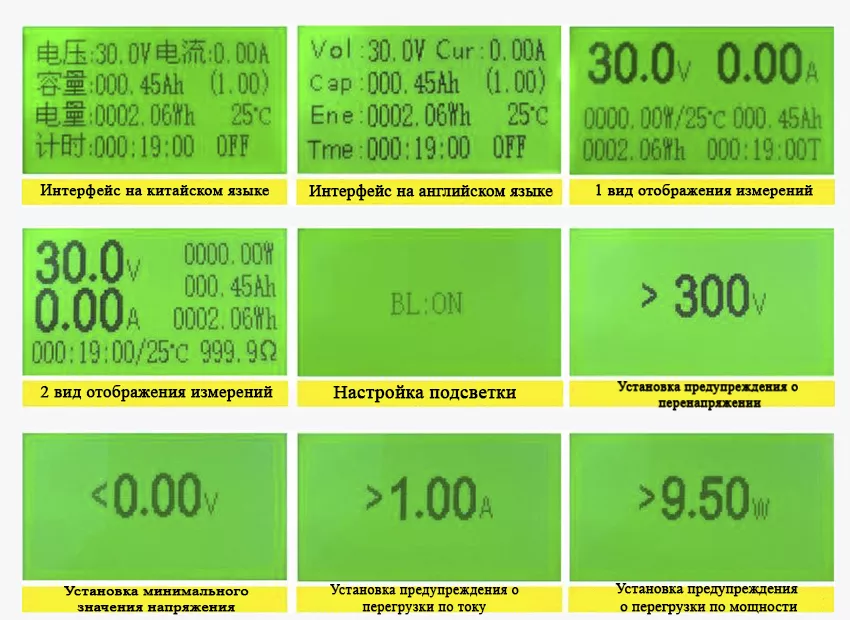Меню управления USB тестера JUWEI Atorch